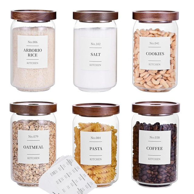 Tzerotone Glass Pantry Storage Jars with Acacia Airtight Lid, 25oz Clear Kitchen Canisters with Wood Lid, 6 Set with 132 Labels for Tea, Sugar, Spice, Herbs