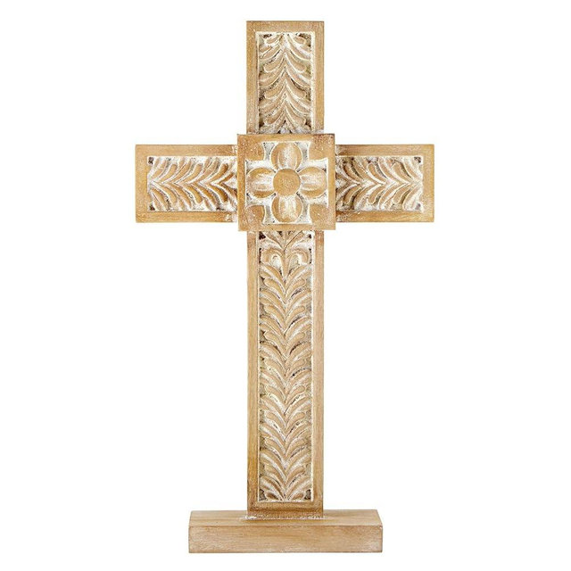 Creative Brands Faithworks-Whitewashed Wood Cross, 8 x 14-Inch, Carved Floral-Standing