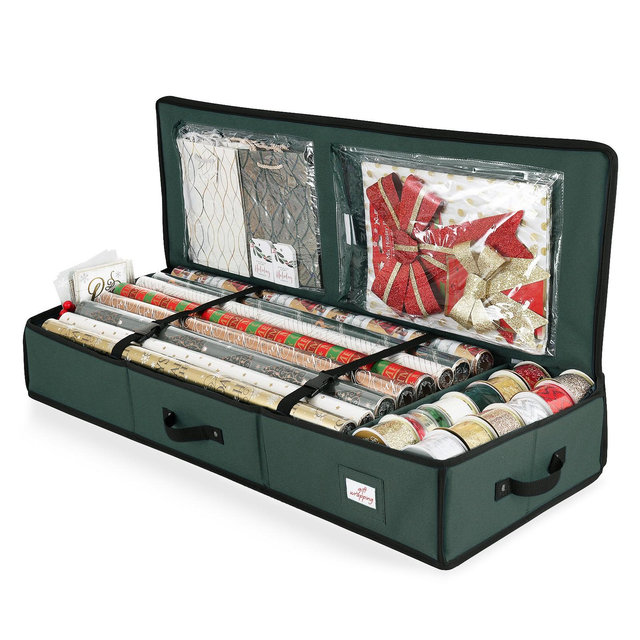 Hearth & Harbor Wrapping Paper Storage Container - Christmas Storage Bag with Interior Pockets - Fits Up to 22 Rolls of 40" - Green