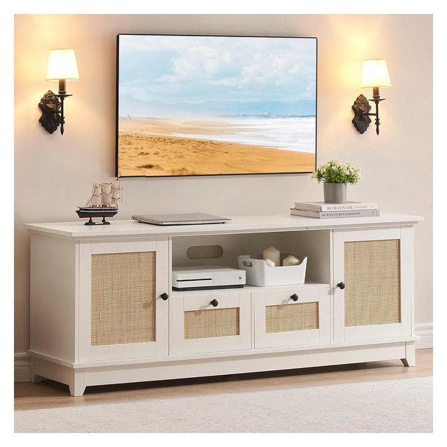 Rattan TV Stand for 65 Inch TV, White Entertainment Center for Living Room, Boho TV Console with 2 Cabinets & Drawer, TV Stand with Storage