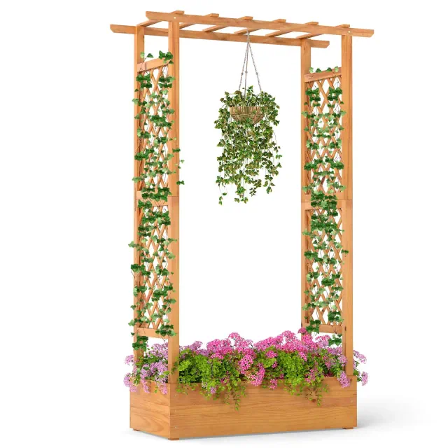 Costway 1 PCS 70” Wooden Raised Garden Bed with Lattice Trellis, Hanging Roof, Open-Ended Base