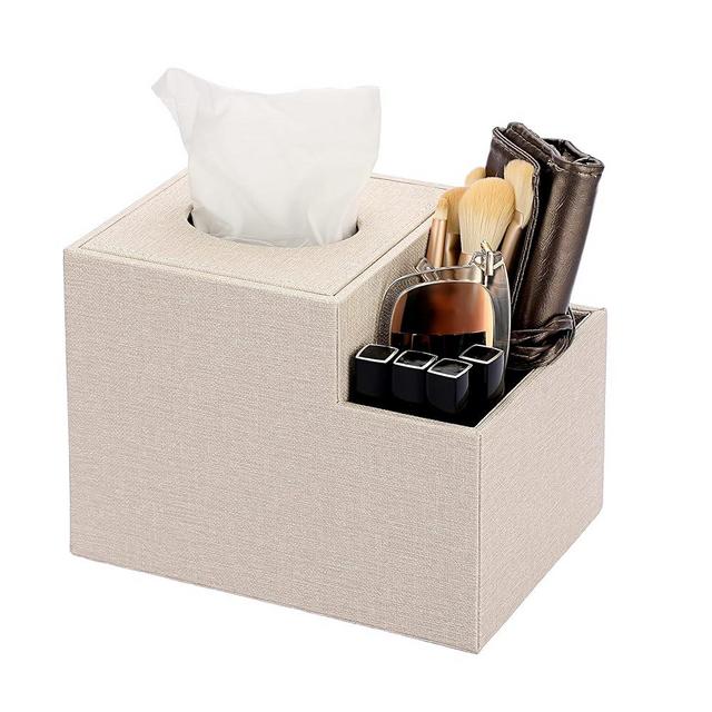 Sumnacon Square Leather Tissue Box Cover - Cube Holder with Side Organizer, Decorative PU Tissue Box for Living Room Vanity Night Stand Table Countertop Office, Beige
