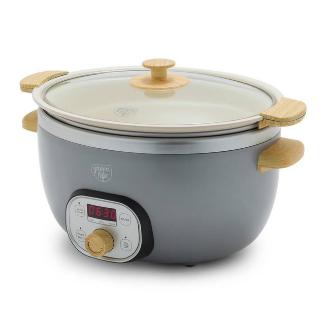 GreenLife Healthy 6qt Slow Cooker with Wood Handle Quartz Gray