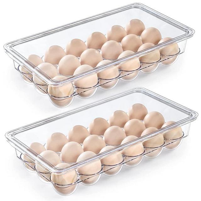 2 Pack - Stackable 18 Egg Holder for Refrigerator - Premium Thick Clear Fridge Egg Container Bins with Lids - Food Grade Plastic Egg Storage Box - Reusable Egg Carton Organizer Tray