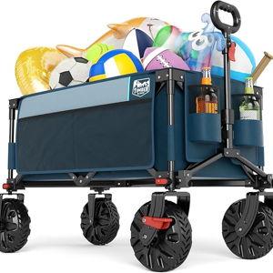 TIMBER RIDGE Outdoor Collapsible Wagon with Brakes Utility Folding Cart Heavy Duty All Terrain Wheels for Shopping Camping Garden with Side Bag and Cup Holders, Blue