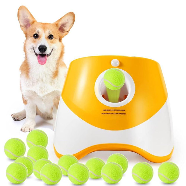 MEKAPLE Automatic Dog Ball Launcher, Dog Ball Thrower with 15 Mini Tennis Balls Sizing 2 Inch and Mesh Bag, Interactive Dog Toys Tennis Ball Launcher for Small Dogs with 3 Distance Settings