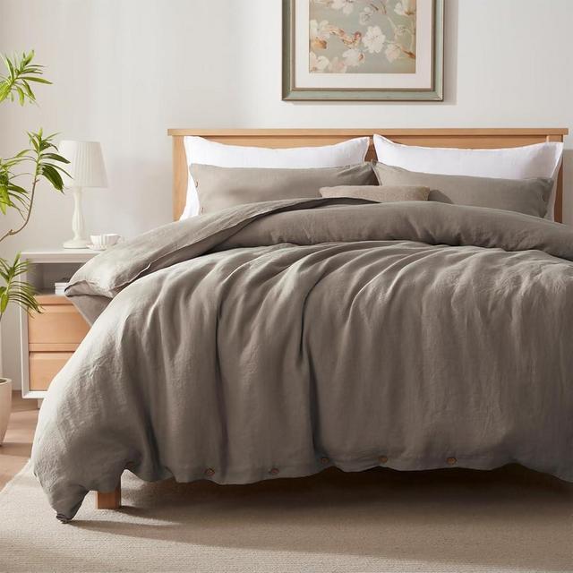TOSMO 100% Linen Duvet Cover Set with Button Closure, 3 Pieces (1 Duvet Cover with 2 Pillowcases), Soft Breathable Durable Farmhouse Bedding - King, Taupe