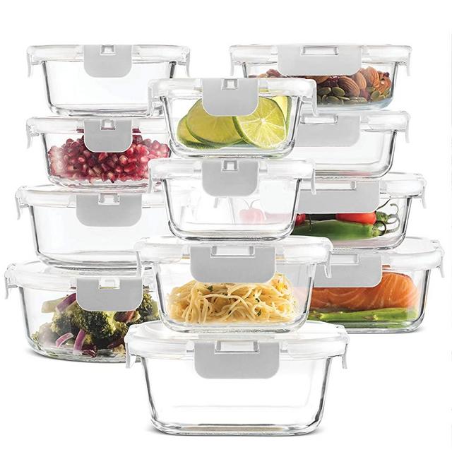 24-Piece Superior Glass Food Storage Containers Set - Newly Innovated Hinged BPA-free Locking lids - 100% Leakproof Glass Meal-Prep Containers, Great On-the-Go & Freezer-to-Oven-Safe Food Containers