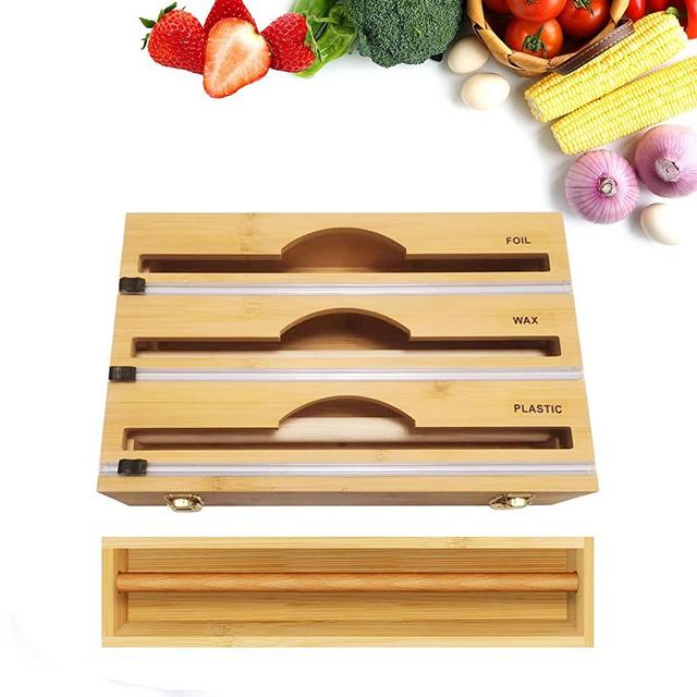 Blimark 3 in 1 Bamboo Foil and Plastic Wrap Organizer b013 with Cutter Rollers and Labels For Drawer,Saran Wrap,Cling Wrap,Aluminum Foil,Wax Paper,Wrap Dispenser,Tin Foil Organizer for Kitchen