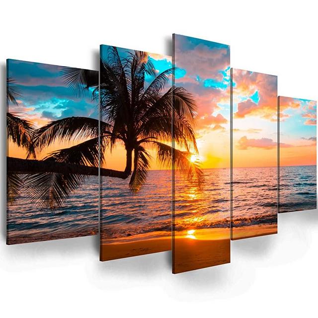 Abstract Poster Printed Abstract Landscape - Ephany Art - 5 Piece Canvas Wall Art Sunset On Ocean,ocean beach picture nature landscape,Beautiful Montains Wall Art Canvas Print Frame Picture Painting for Room Home Decorations (C-5pcs,40"x20")