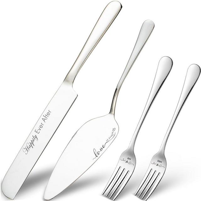 Cake Cutting Set for Wedding, Wedding Cake Knife and Server set, Forks and Cutter Pie Spatula Birthday Anniversary Christmas Gift of 4 (Silver)