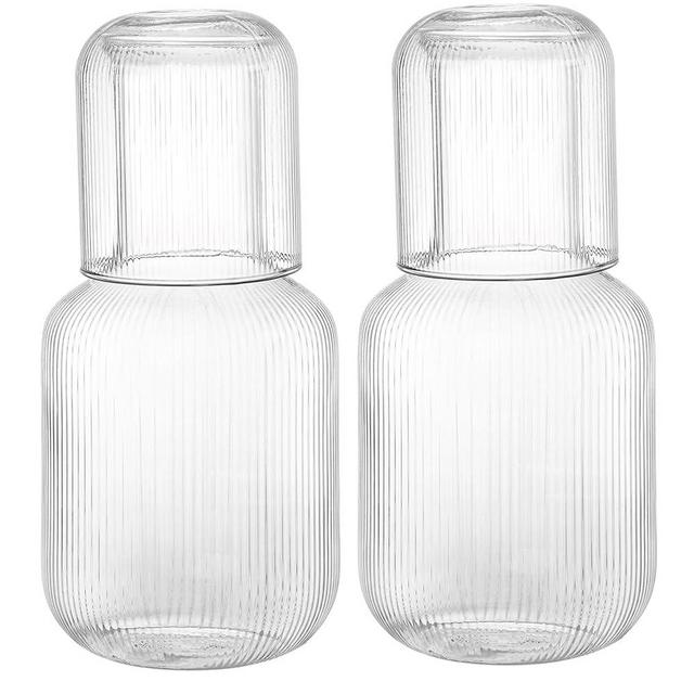 Bekith 2 Set 25 OZ Bedside Night Water Carafe with Tumbler Glass, Vertical Stripes Clear Glass Carafe for Bedroom Guest Room Nightstand, Mouthwash Decanter for Bathroom, Water Pitcher Set (4-Piece)
