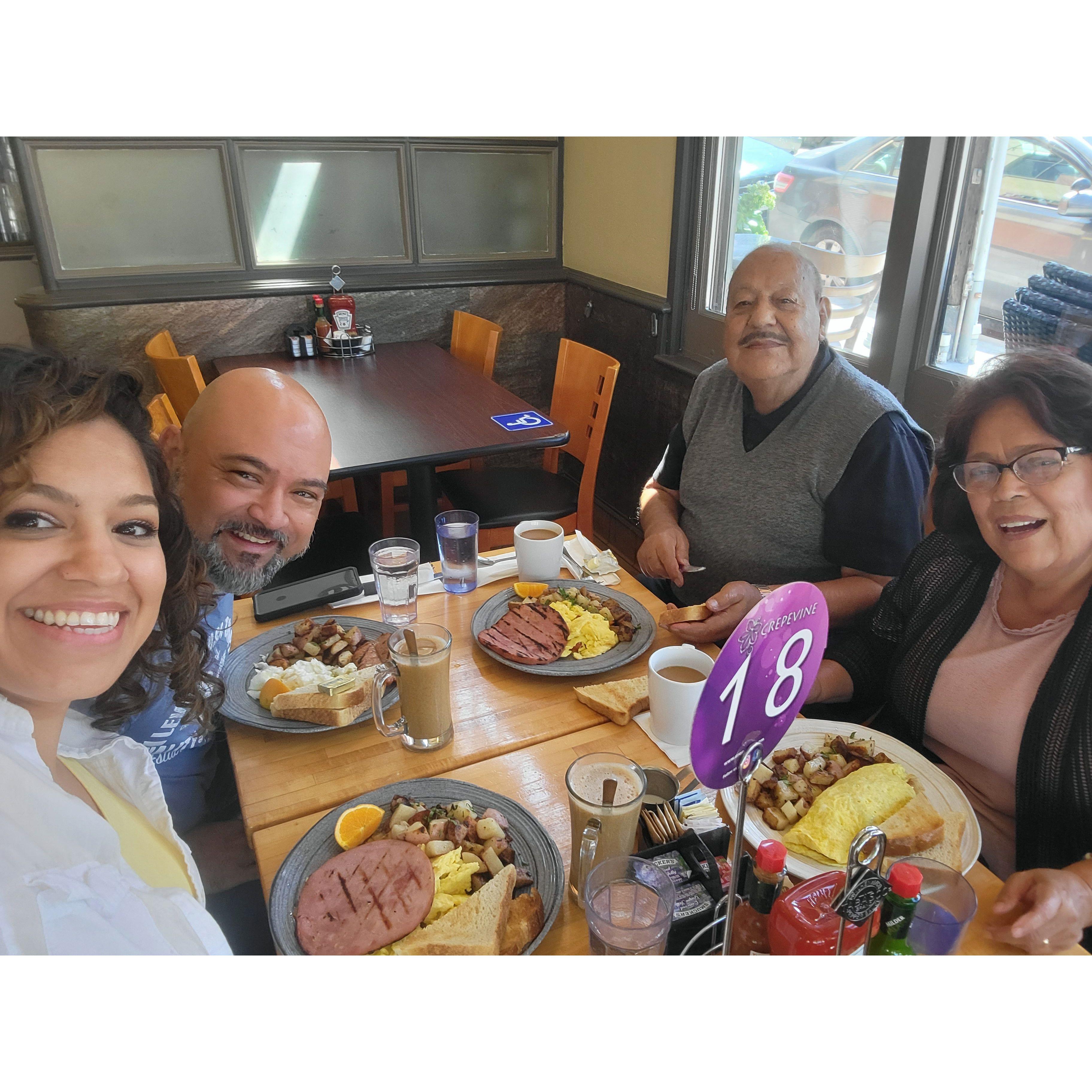 Treating Priscilla's grandparents out to eat for breakfast. Happy memories made.