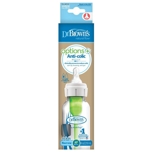 Dr. Brown’s Natural Flow® Anti-Colic Options+™ Narrow Glass Baby Bottle, with Level 1 Slow Flow Nipple