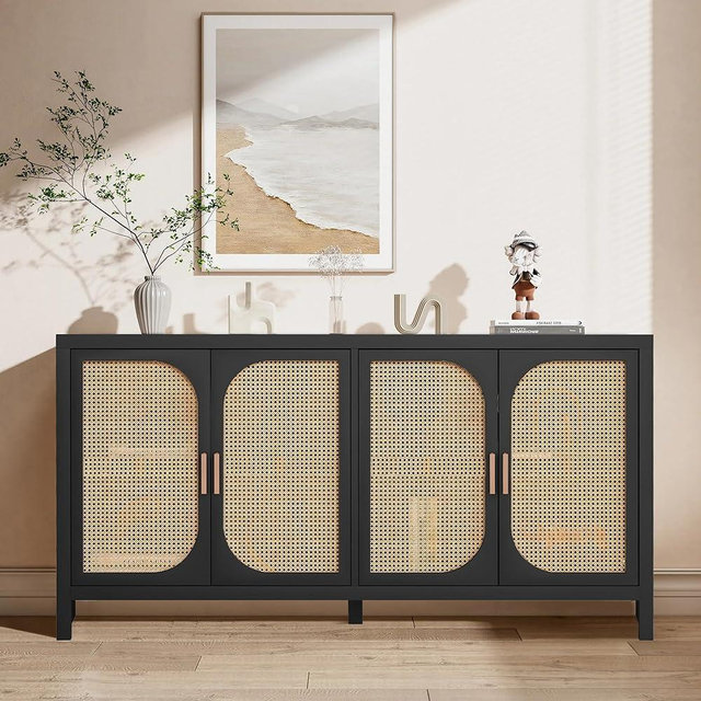 Fiogmub Rattan Sideboard Buffet Cabinet with Storage, Wooden Cabinet with 4 Doors Adjustable Shelves, for Kitchen, Dining Room, Entryway (Black)