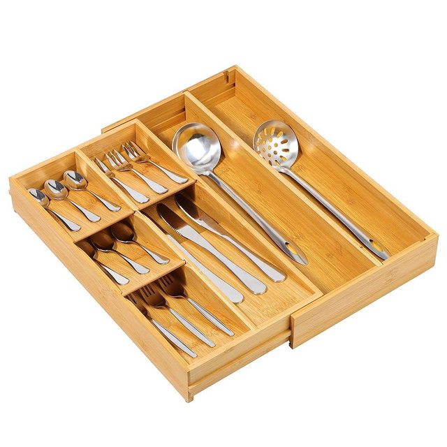 Mooues Bamboo Silverware Drawer Organizer Tray, Removable Dividers and Expandable Kitchen Utensil Tray for Different Dimension Flatware, Spoons, Forks, Knives (Natural,7 Slots)
