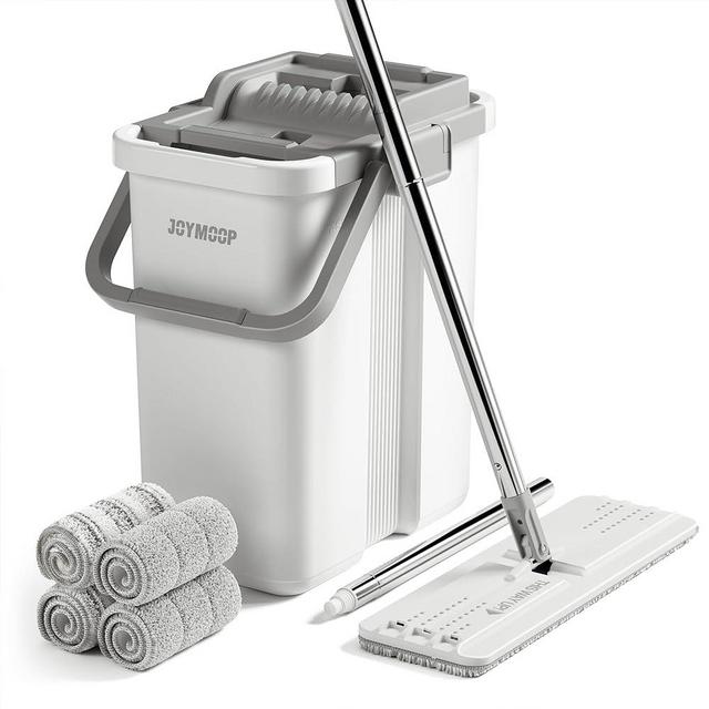 JOYMOOP Mop and Bucket with Wringer Set, Flat Squeeze Mop Flat Head, Dust Mops for Wall Cleaner with Long Handle, Hands-Free Microfiber Mops for Floor Cleaning - White