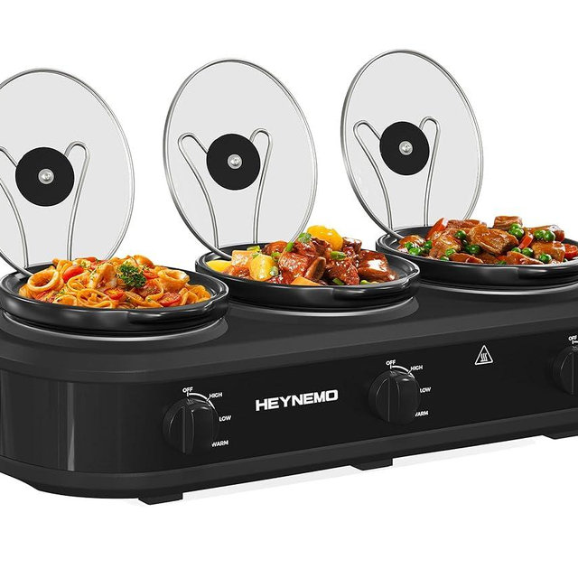 Triple Slow Cooker, 3 X 1.5QT Slow Cooker with 3 Cooking Settings, Buffet Servers and Warmers with Dishwasher-Safe Ceramic Pot, Glass Lid, Black