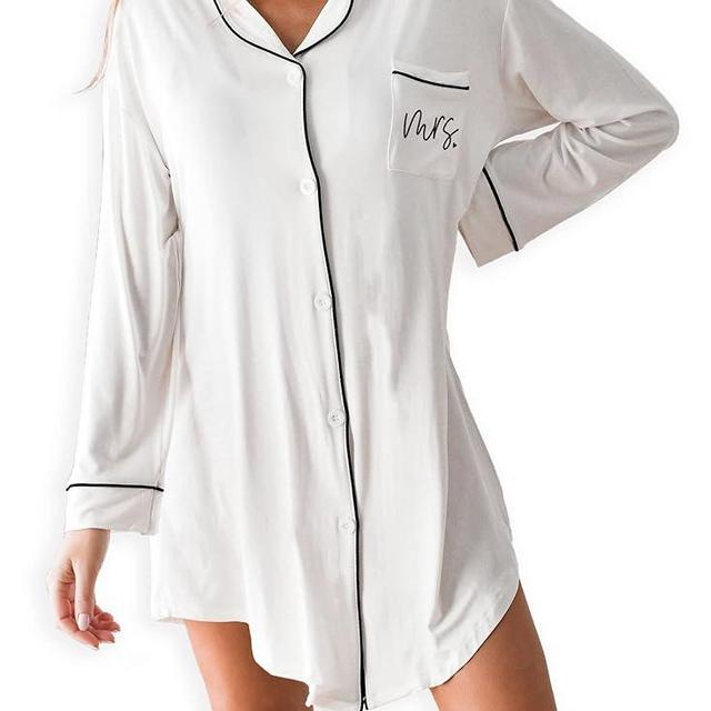 ModParty Mrs. Heart Sleep Shirt | Getting Ready Bride Outfit | Future Bride Pajama Wear | Button Down Night Gown | Bridal Shower, Engagement, & Wedding Gift Idea White