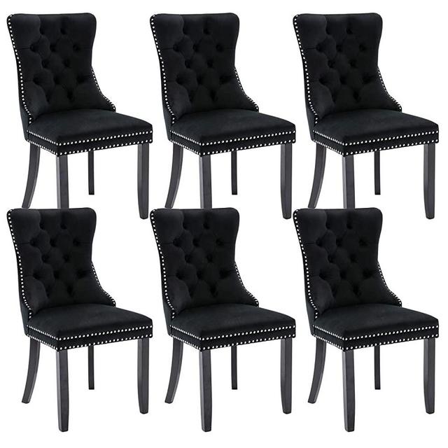 Virabit Tufted Dining Chairs Set of 6, Velvet Upholstered Dining Chairs with Nailhead Back and Ring Pull Trim, Solid Wood Dining Chairs for Kitchen/Bedroom/Dining Room (Black)