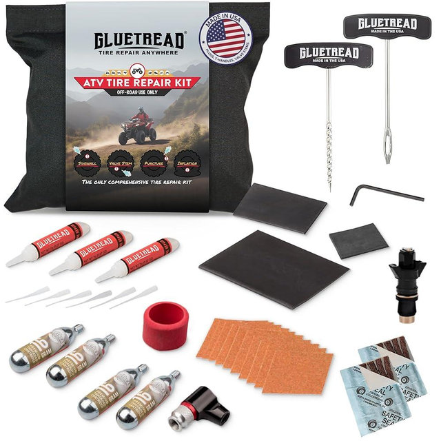 GlueTread ATV Tire Repair Kit Complete Off-Road Tire Patch Kit - Includes Glue Tread Sidewall Repair Patches, Colby Emergency Valve, Plug Kits (12 Plugs), T Handles and 4 CO2 Cartridges - Heavy Duty