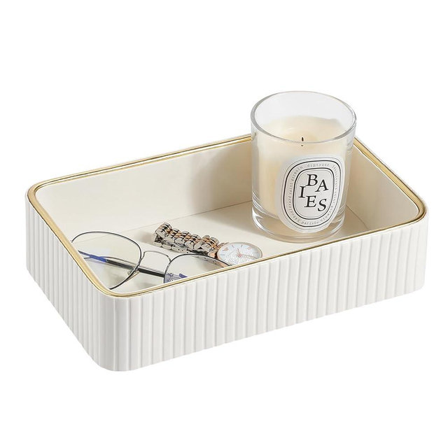 MEIBOOCH Desk Organizer Tray, PU Leather Valet Tray Nightstand Organizer Cologne Perfume Trays for Men Women, Decorative Vanity Trays Key Bowl Trinket Dish (Ivory, 9.5" x 6" x 2.2")