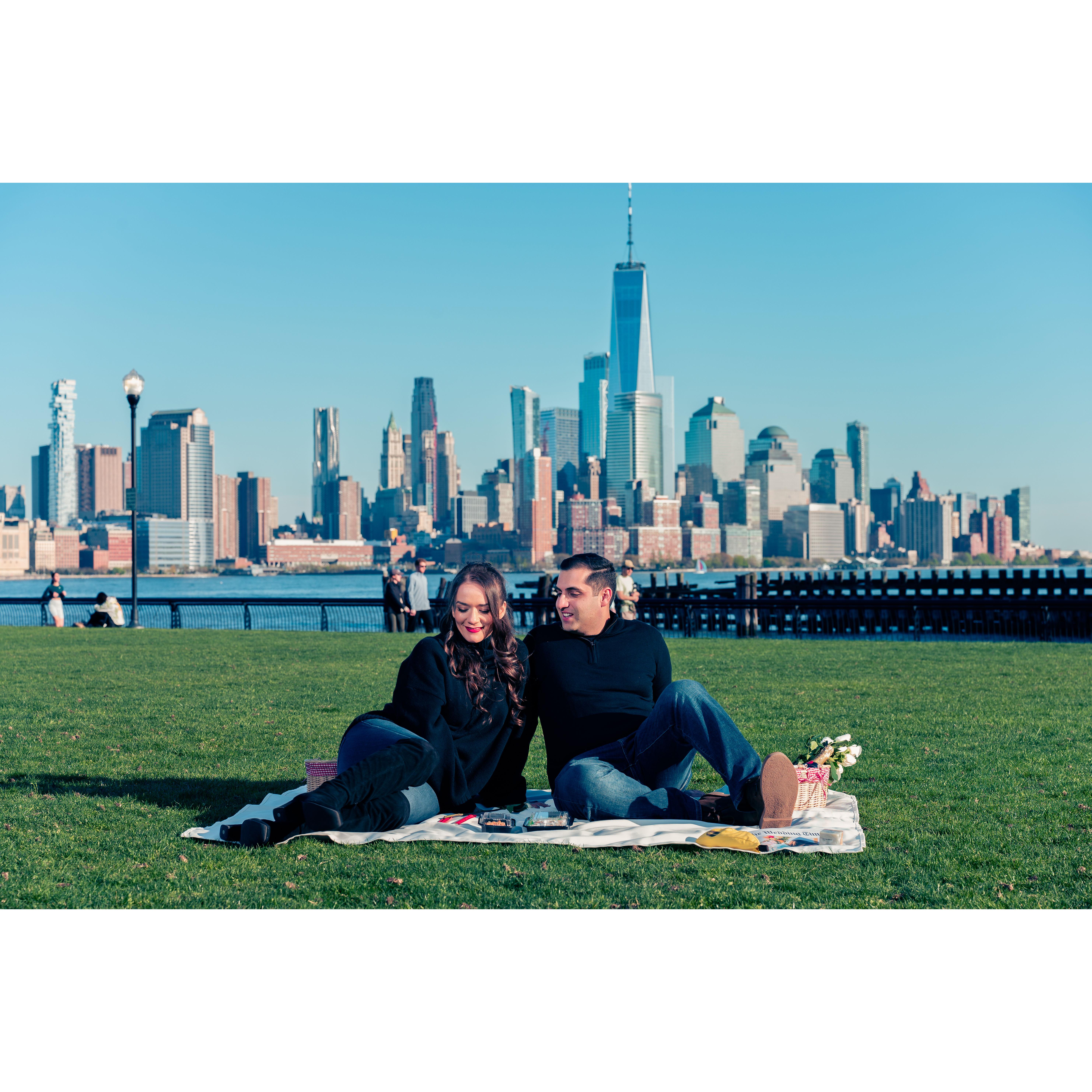 When we lived in Hoboken, we always went to the park to hang out, eat sushi, and play a game or watch a movie, so we wanted to recreate the scene for our engagement shoot.