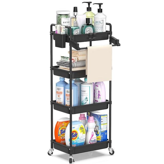 SPACEKEEPER Rolling Storage Cart, 4-Tier Bathroom Organizer Utility Cart Laundry Room Organization Mobile Shelving Unit with Towel Rack, Lockable Wheel, Hooks & Cup for Kitchen Bedroom Office, Black