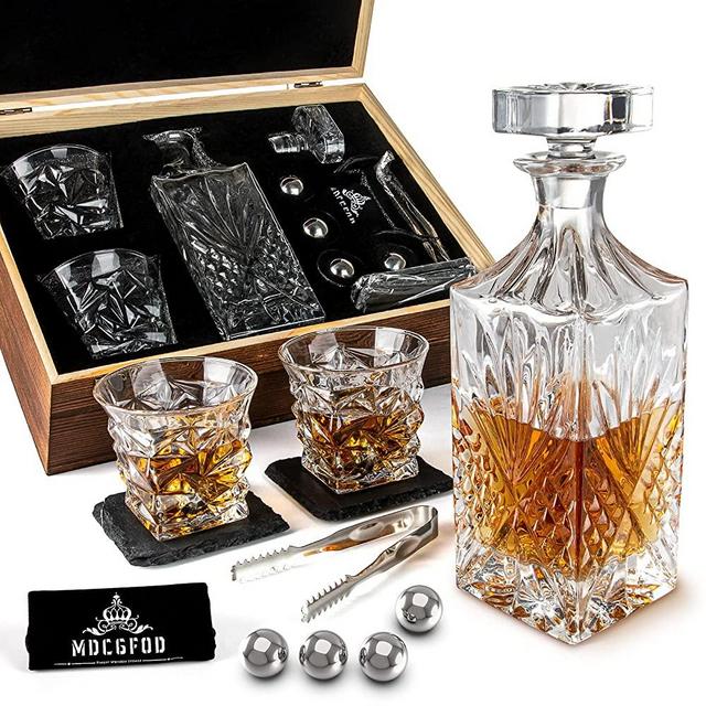 Whiskey Decanter Gift Set for Men with Whiskey Decanter, 2 Twisted Whiskey Glasses,4 Stainless Steel Chilling Whiskey Balls, 2 Slate Coasters for Men Dad Husband Boyfriend