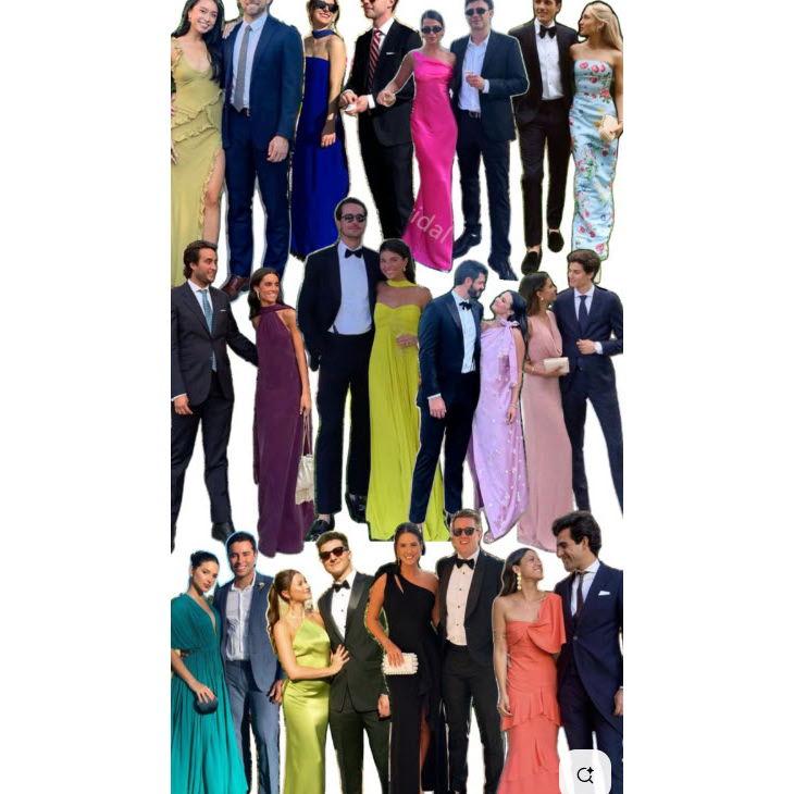 Examples of men and women's black tie optional attire for the wedding.