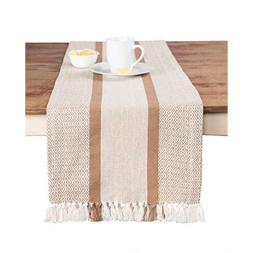 Sticky Toffee Cotton Woven Table Runner with Fringe, Traditional Diamond Tan, 14 in x 72 in