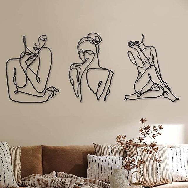 Photect 3 Pieces Metal Wall Art Decor Minimalist Abstract Woman Wall Art Modern Line Drawing Wall Art Decor Metal Female Single Line Wall Home Hanging for Bedroom Kitchen Bathroom Living Room (Black, Modern)