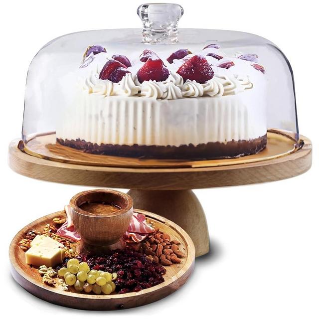 Cake Stand with Acrylic Dome Lid 2-in-1 - Multifunctional Round Shatterproof Dessert Table Display Set with Acacia Wood Serving Platter, Veggie Tray, Fruit Bowl - Party Cake Display