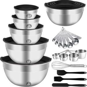 Mixing Bowls Set, 25PCS Stainless Steel Mixing Bowl with Lid Set, Large Nesting Bowls 7, 4.5, 3,2, 1.5QT, Measuring Cups and Spoons Baking Utensils Metal Bowl for Kitchen Prep