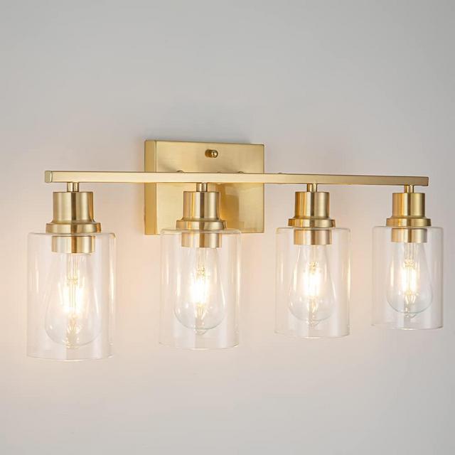 EMONG Gold Bathroom Light Fixtures,4-Lights Brushed Brass Vanity Light with Clear Glass Shade,Modern Wall Sconces for Hallway, Farmhouse,Living Room