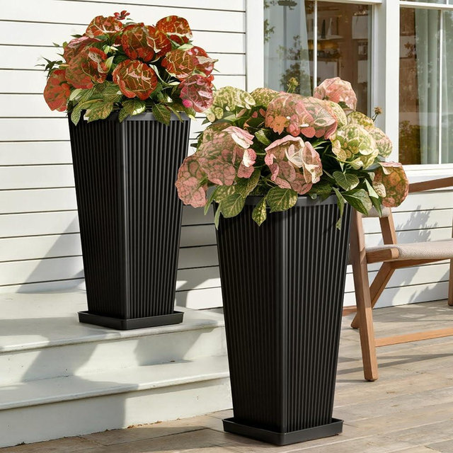 Trygoal Square Tall Planters for Outdoor Plants Set of 2-23.6" Modern Tapered Indoor Flower Pots with Drainage Holes/Partition/Tray, Large Outdoor Planters for Porch Patio Garden Front Porch, Black