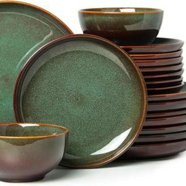 24 Piece Dinnerware Sets for 8, Modern Stoneware Plates and Bowls Setst, Perfect for Family Gatherings & Holiday Celebrations, Easy Cleaning Dishes Set, Stack Compactly Dishware, Brown Green