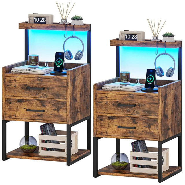 AOGLLATI LED Nightstand Set of 2 with Charging Station, 2 Drawers Night Stand with LED Lights for Bedroom, 2 USB Ports, 2 Power Outlets, Bed Side Table with Storage Shelves, 2 Pack, Rustic Brown