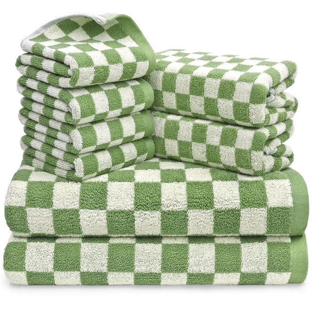 Green Checkered Towels Set of 8, Cotton Towels for Bathroom, 2 Bath Towels, 2 Hand Towels, 4 Washcloths, Soft Absorbent Quick Dry Gifts