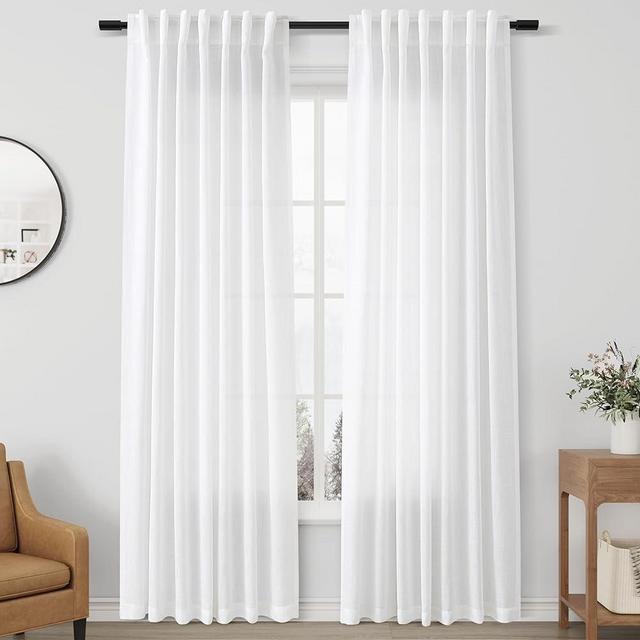 White Linen Curtains 84 Inches 2 Panel Set Long Back Tab Rod Pocket Light Filtering Semi Sheer White Curtains for Living Room Privacy Aesthetic Modern Elegant Boho Decor Cotton Textured Window Drapes