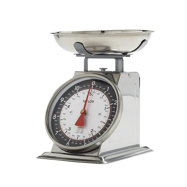 Taylor Precision Products Mechanical Kitchen Weighing Food Scale Weighs up to 11lbs, Measures in Grams and Ounces, Black and Silver
