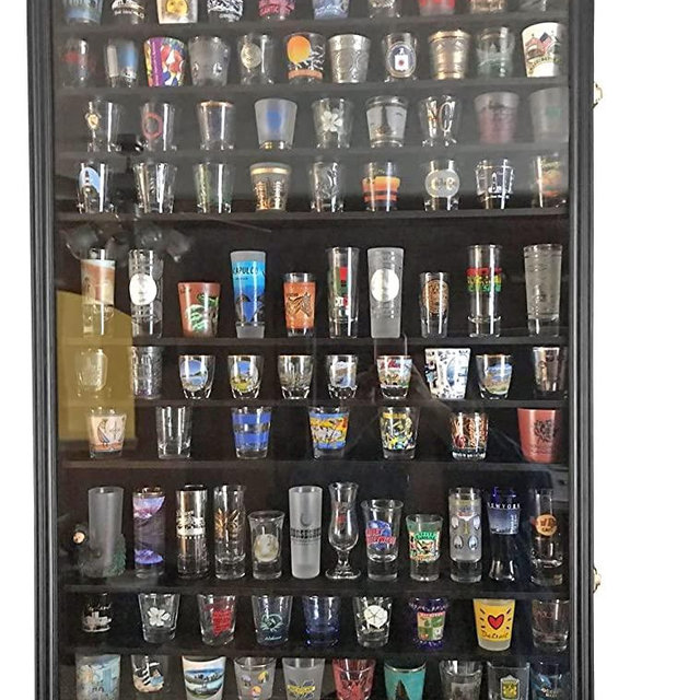 Large 144 Shot Glass Display Case Rack Solid Wood Cabinet Holder Wall Curio Cabinet Shadow Box for Action Figures Small Figurines - Lockable with UV Protection Acrylic Glass Door - Black Finish