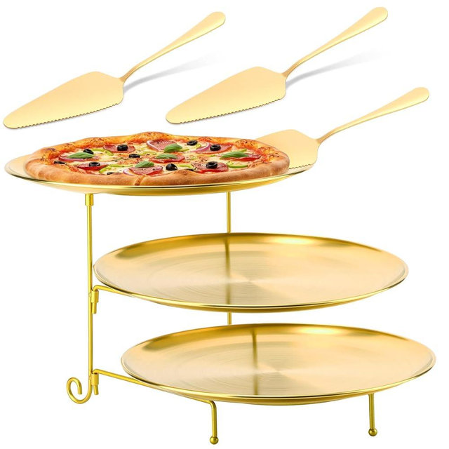 Domensi 7 Pcs Pizza Pan Riser Stands Sets Includes Tiered Tray Stand Stainless Steel Pizza Pan and Wood Handle Knife for Tables Party Restaurant (Gold)