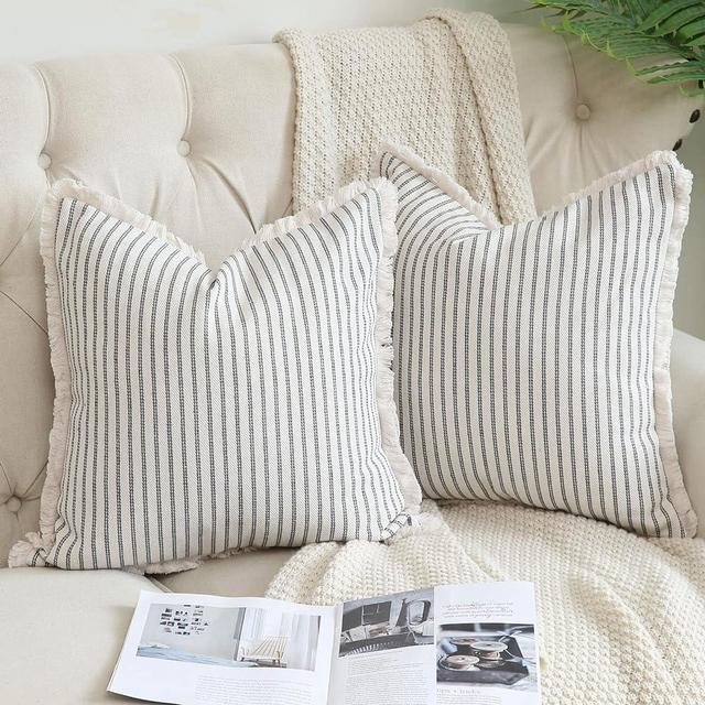 Hckot Throw Pillow Covers 18x18 Set of 2 Striped Pillow Covers with Fringe Chic Cotton Decorative Pillows Square Cushion Covers for Sofa Couch Bed Living Room Farmhouse Decor,Grey