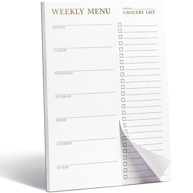 Magnetic Meal Planner Notepad & Tear Off Weekly Grocery List - Meal Planner Notepad for Fridge - Grocery Shopping List Notepad – Dinner List for Refrigerator - White and Gold Metalic Planner with 52 Sheets - 7 x 10 Inch
