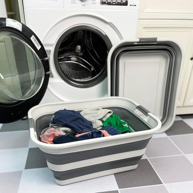 SAMMART Set of 2 Collapsible Plastic Laundry Basket - Foldable Pop Up Storage Container/Organizer - Portable Washing Tub - Space Saving Hamper/Basket (Grey/Steel Grey, 42L)