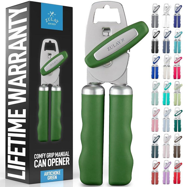 Zulay Kitchen Heavy Duty Stainless Steel Can Opener Manual with Bottle Opener - Rust Proof Manual Can Opener With Turn Knob & Comfy Soft Grip Handles - Artichoke Green