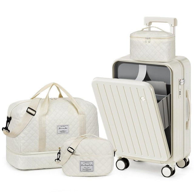 Luggage Sets for Women Men 4 Piece - Carry on Hardside Suitcase 20inch with USB Port, 360° Spinner Wheels, Duffel Bag, Cup Holder, Lightweight Luggage Set for Travel Vacation