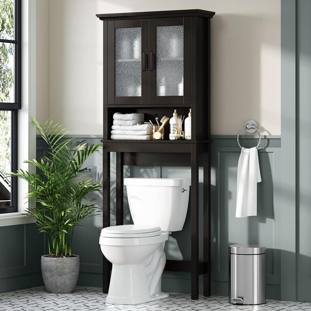 Baztin Over The Toilet Storage Cabinet, Over Toilet Bathroom Organizer with Glass Doors and Adjustable Shelf, Thicken Frame Above Toilet Storage Cabinet Behind Toilet Bathroom Organizer, Espresso