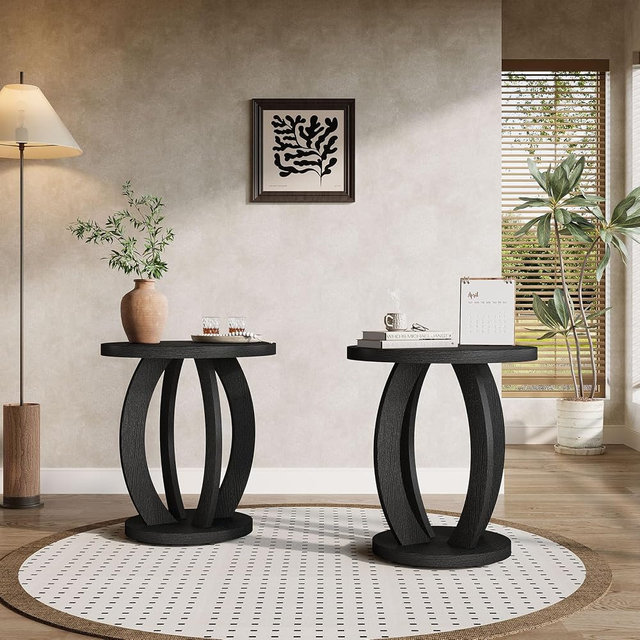 Tribesigns End Table, Round Side Table with Storage, Farmhouse Nightstand Bedside with Round Tabletop, Accent End Table for Living Room Bedroom Small Space, Wooden Accent Furniture (2, Black)
